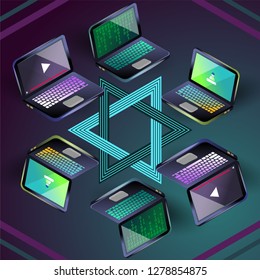Isometric vector colorful three laptops and hexagram on dark blue
