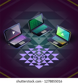 Isometric vector colorful three laptops isolated on sriyantra background