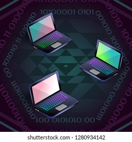 Isometric vector colorful three laptops isolated on dark blue