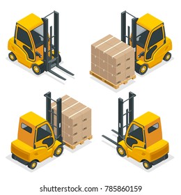 Isometric vector Compact Forklift Trucks isolated on white. Storage equipment icon set. Forklifts in various combinations, storage racks, pallets with goods for infographics.