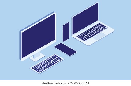 Computadoras y teléfonos de Vector isométrico - maqueta y Plantilla Ilustración de la computadora de escritorio, computadora portátil y teléfonos inteligentes con pantallas vacías en blanco sobre fondo azul