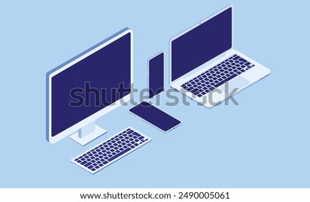Isometric vector computers and phones - Mockup and template Illustration of desktop PC, laptop computer and smartphones with blank empty screens on blue background