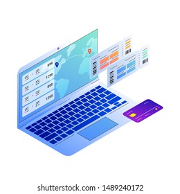 Isometric vector concept of avia sale web site agregator for buying tickets online. World map and destination pin for booking on screen of notebook. Boarding pass tickets and credit card.