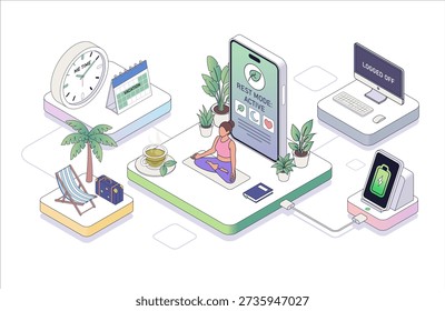 Isometric vector concept of burnout prevention. Work-life balance scene with meditation, vacation icons, and digital detox for wellness web banner.
