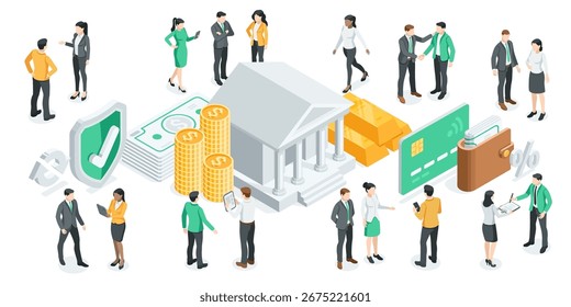 conceito de vetor isométrico pessoas de negócios e construção de bancos com dinheiro e barras de ouro, em cor sobre fundo branco, bancário e financiamento para negócios
