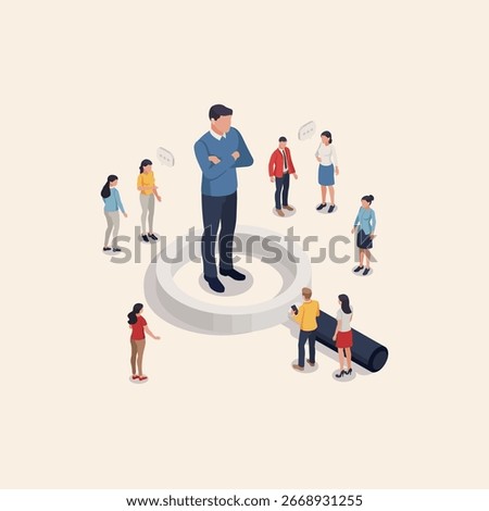 isometric vector concept business people around big magnifying glass and man with arms folded on chest, in color on white background, search or recruitment