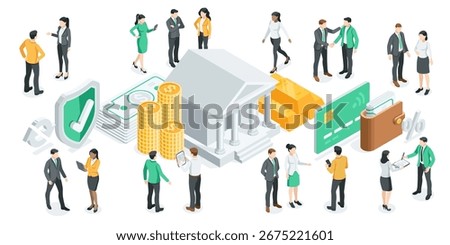 isometric vector concept business people and bank building with money and gold bars, in color on white background, banking and financing for business