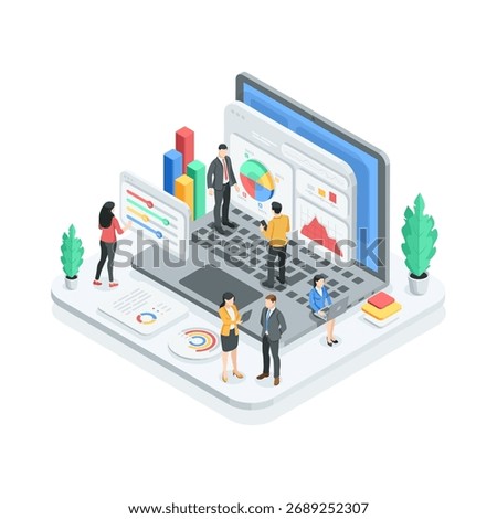 Isometric vector concept with business people near a large laptop screen, working with graphs and charts, in color on a white background, processing statistical data and financial indicators