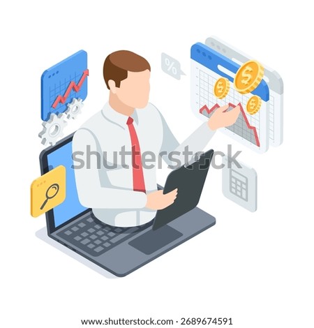Isometric vector concept of a businessman showing a chart from a laptop screen, in color on a white background, income growth presentation or financial analyst
