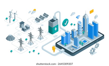 Conceito de vetor isométrico com uma cidade em uma tela de smartphone e geradores de vento com painéis solares em um fundo branco, energia ecológica verde