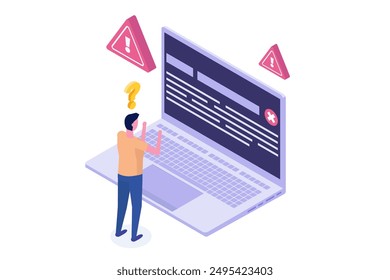 Isometric vector Concept of computer outage or failure due to server downtime, technical issues, software update errors, operating system crashes, or cyber attacks.