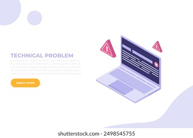 Isometric vector Concept of computer outage or failure due to server downtime, technical issues, software update errors, operating system crashes, or cyber attacks.