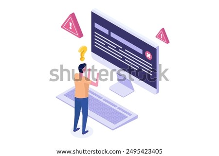 Isometric vector Concept of computer outage or failure due to server downtime, technical issues, software update errors, operating system crashes, or cyber attacks.