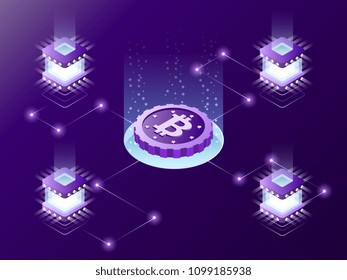 Isometric vector concept of cryptocurrency mining, blockchain, bitcoin farm, creating digital currency. Can be used for web banner, presentation.