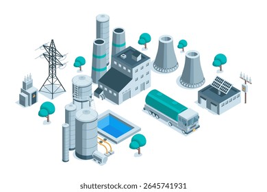 Conceito de vetor isométrico que representa uma fábrica ou uma fábrica respeitadora do ambiente para a produção de biocombustível, a cores sobre um fundo branco, energia verde