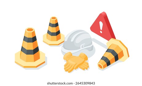 conceito vetorial isométrico com cones delimitadores e capacete de construção com ponto de exclamação em um triângulo vermelho sobre um fundo branco, trabalho ou reparo está em andamento