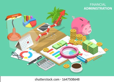 Isometric Vector Concept of Financial Administration. Audit Services, Tax Examination Report, Planning and Accounting.