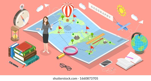 Isometric Vector Concept of Geography Science. The Teacher is Standing Next to the Map Pointing Out to one of Its Objects.