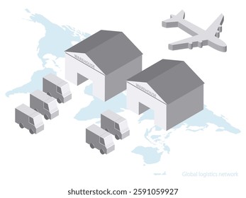 Isometric vector concept of global logistics networks, worldwide freight shipping, warehouses, fast delivery.  3d map of the world with trucks, aircraft and warehouses in gray.  EPS10.