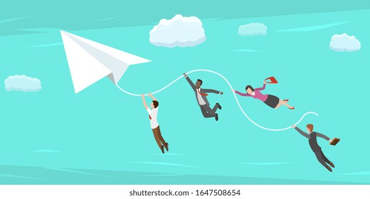 Isometric Vector Concept of Goal Achievement. Business Team are Flying to Their Target On the White Paper Plane. Strategy of Effective Collaboration.