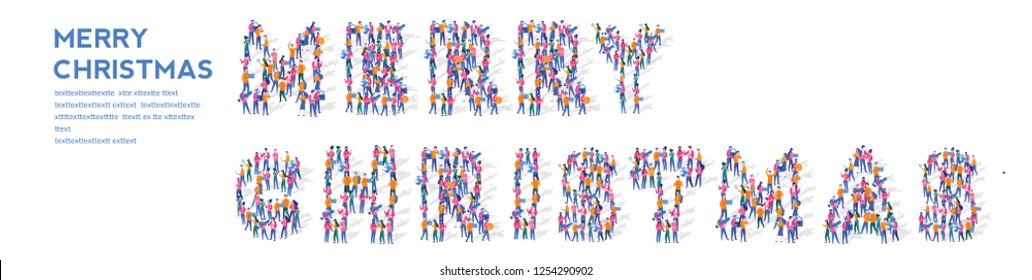 Isometric Vector Concept, Group of business people are gathered together in the shape of Merry Christmas word. people constructing a words, teamwork, preparing for the happy holidays, 2019
