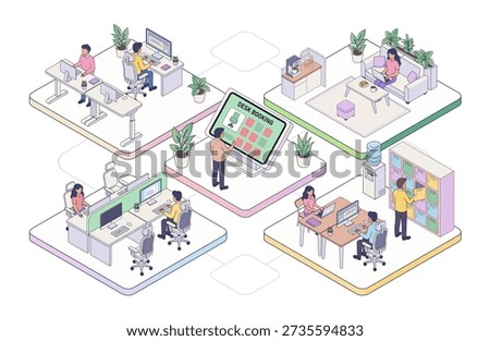Isometric vector concept of hot desking and desk booking system. Hybrid remote office scene with reservation kiosk, employees, and lockers for workspace app web banner.