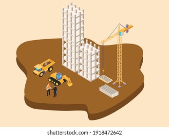 Isometric vector concept. Investors and contractors handshaking on construction site with crane, under construction building, excavator, and truck.