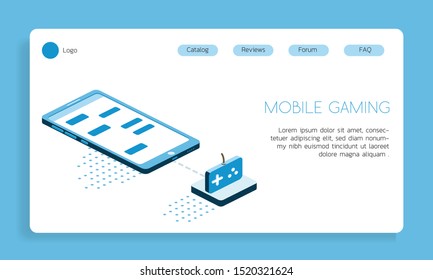 Isometric vector concept landing Page smartphone with mobile gaming interface 3d illustration. 