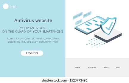 Isometric vector concept landing page antivirus website in smartphone 3d illustration. 