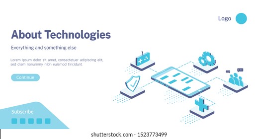 Isometric vector concept landing page website with technologies 3d illustration.