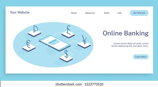 Isometric vector concept landing page online banking to save your money 3d illustration. 