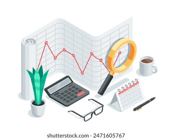 concepto de Vector isométrico de hoja de gráfico de líneas y lupa con calculadora, en color sobre fondo blanco, análisis de negocios y estadísticas financieras