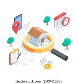 conceito vetorial isométrico com lupa e casa e ícones de smartphone com localização e calendário com relógio e contrato, em cor sobre fundo branco, casa alugar