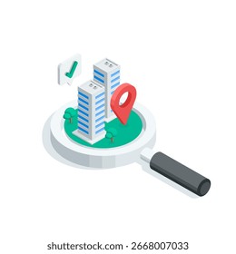 Conceito de vetor isométrico com lupa e edifícios residenciais e ícone de localização, em cor sobre fundo branco, busca habitação ou aluguel