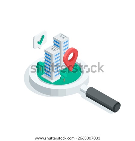 Isometric vector concept with magnifying glass and residential buildings and location icon, in color on white background, housing search or rent
