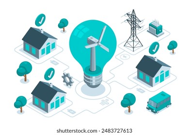 isometric vector concept on the theme of green energy, in color on a white background, a light bulb with a wind generator supplying energy to houses