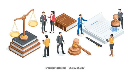 isometric vector concept on the theme of court and law, in color on a white background, scales and a judge's gavel with book and documents and business people