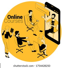 Isometric vector concept for online courses, education, training, learning and video tutorials. Flat design ink draring black and yellow template for web site, banner, promotion, poster and mobila app