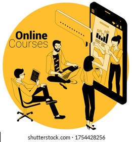 Isometric vector concept for online courses, education, training, learning and video tutorials. Flat design ink draring black and yellow template for web site, banner, promotion, poster and mobila app