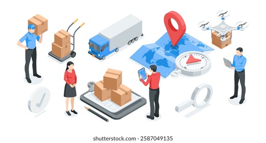 isometric vector concept with people and boxes and warehouse workers, in color on white background, postal delivery of goods or logistics