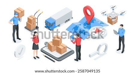 isometric vector concept with people and boxes and warehouse workers, in color on white background, postal delivery of goods or logistics