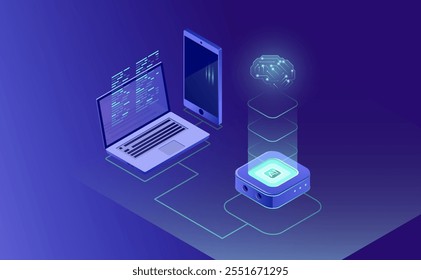 An isometric vector concept showcasing data network management, AI, machine learning, business servers, computers, cloud storage, and device synchronization