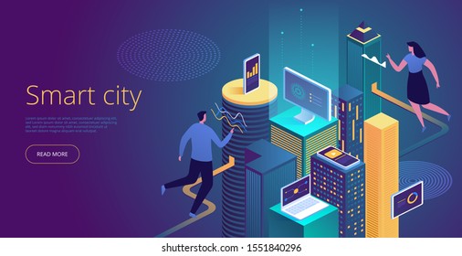 Isometric vector concept of smart city or intelligent building. Building automation with computer networking illustration. IoT platform as future technology. Management system thematic background.