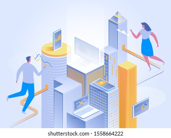 Isometric vector concept of smart city or intelligent building. Building automation with computer networking illustration. IoT platform as future technology. Management system thematic background.