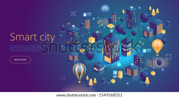 Isometric vector concept of smart city or\
intelligent building. Building automation with computer networking\
illustration. IoT platform as future technology. Management system\
thematic background.