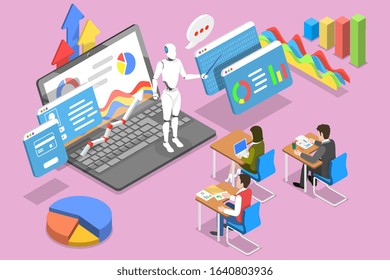 Isometric Vector Concept of Teacher Bot, Artificial Intelligence Technology, AI Training Course.