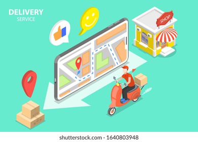 Isometric Vector Conceptual Illustration. Delivery Man is Riding the Bike and Mobile App Showing Delivery Route Between a Shop and Delivery Destination. Fast Delivery Service, Online Shopping.