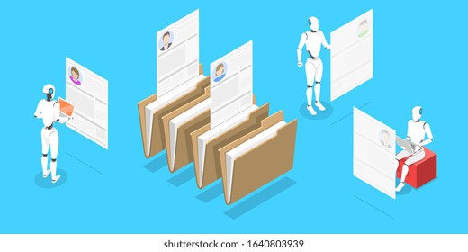 Isometric Vector Conceptual Illustration. Robots are searching the Best Candidate For Some Position Through CV Database. AI in HR, Robot Headhunter.