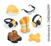 isometric vector construction equipment set such as helmet and vest and boots and gloves and respirator and headphones, in color on white background, worker body protection elements or work clothes