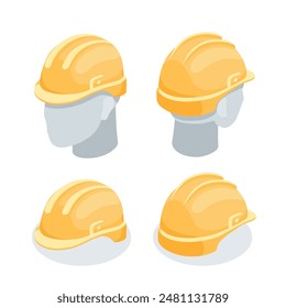 isometric vector construction helmet front and back view, in color on white background, protective work gear or headgear